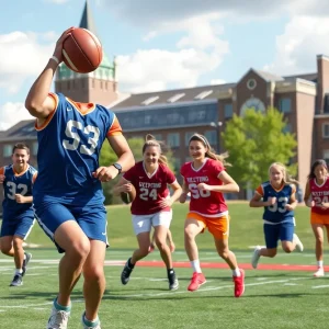 Athletes in action on a college sports field with university buildings in the background.