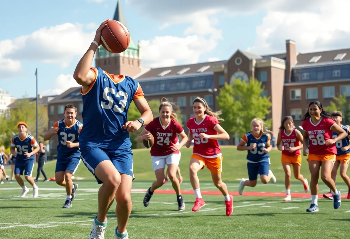 Athletes in action on a college sports field with university buildings in the background.