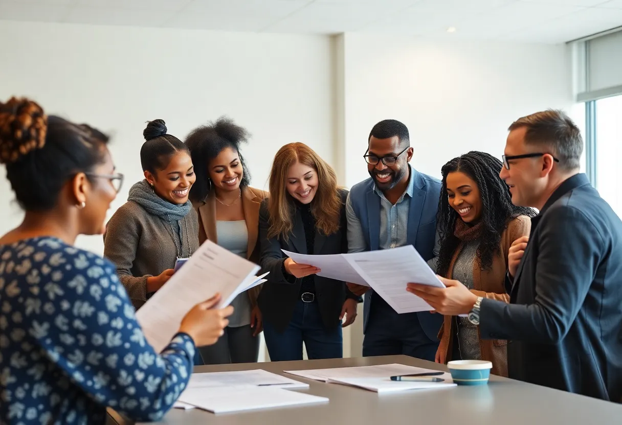 Diverse community members discussing education reform