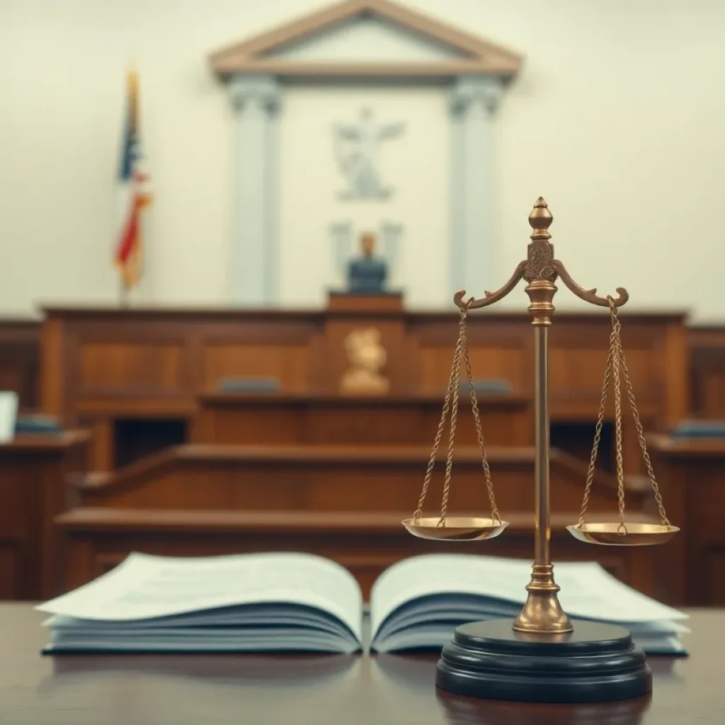 Legal documents and scales of justice in a courtroom setting.