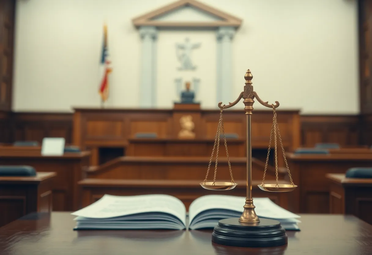 Legal documents and scales of justice in a courtroom setting.