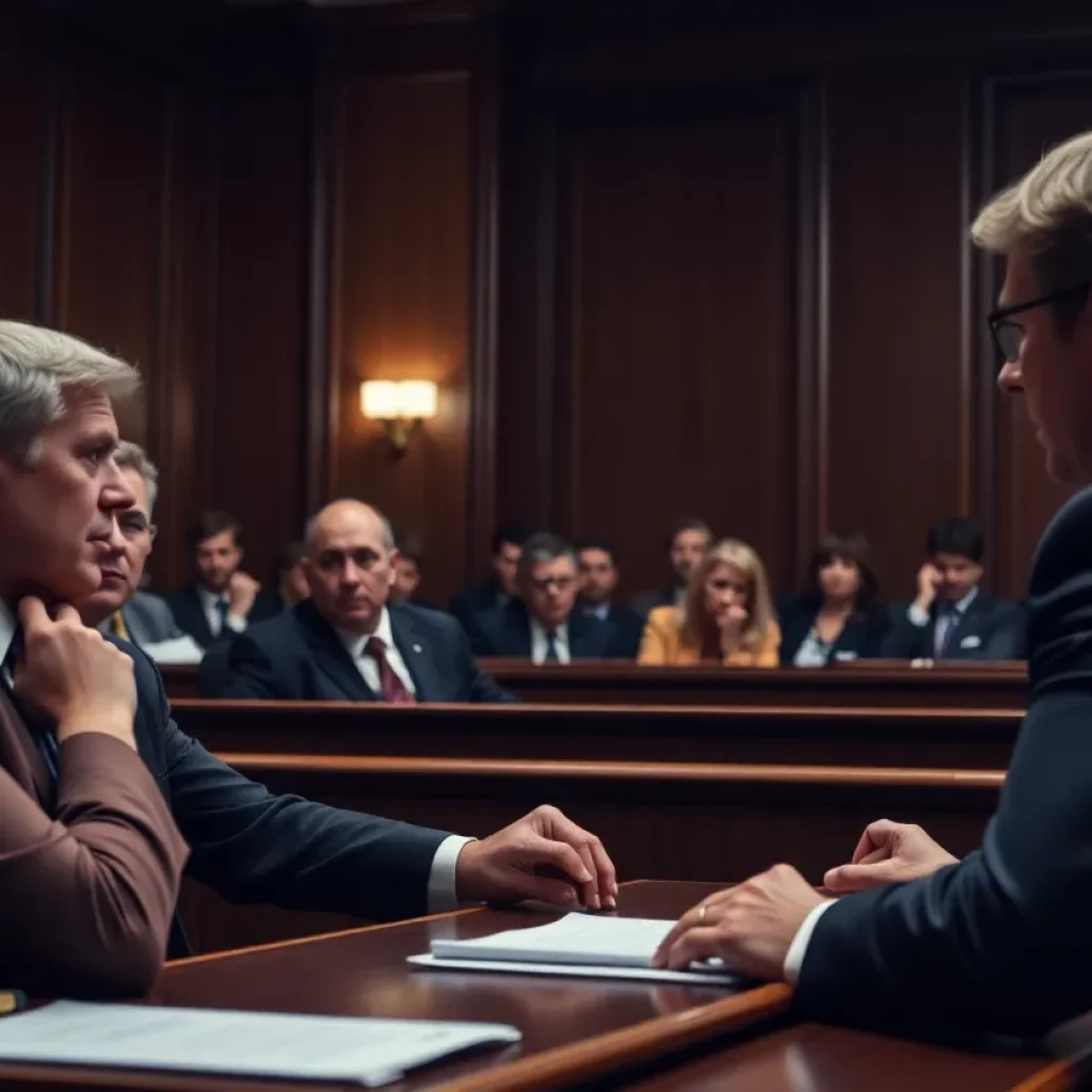 A courtroom with legal representatives and a judge, emphasizing the seriousness of the legal system.