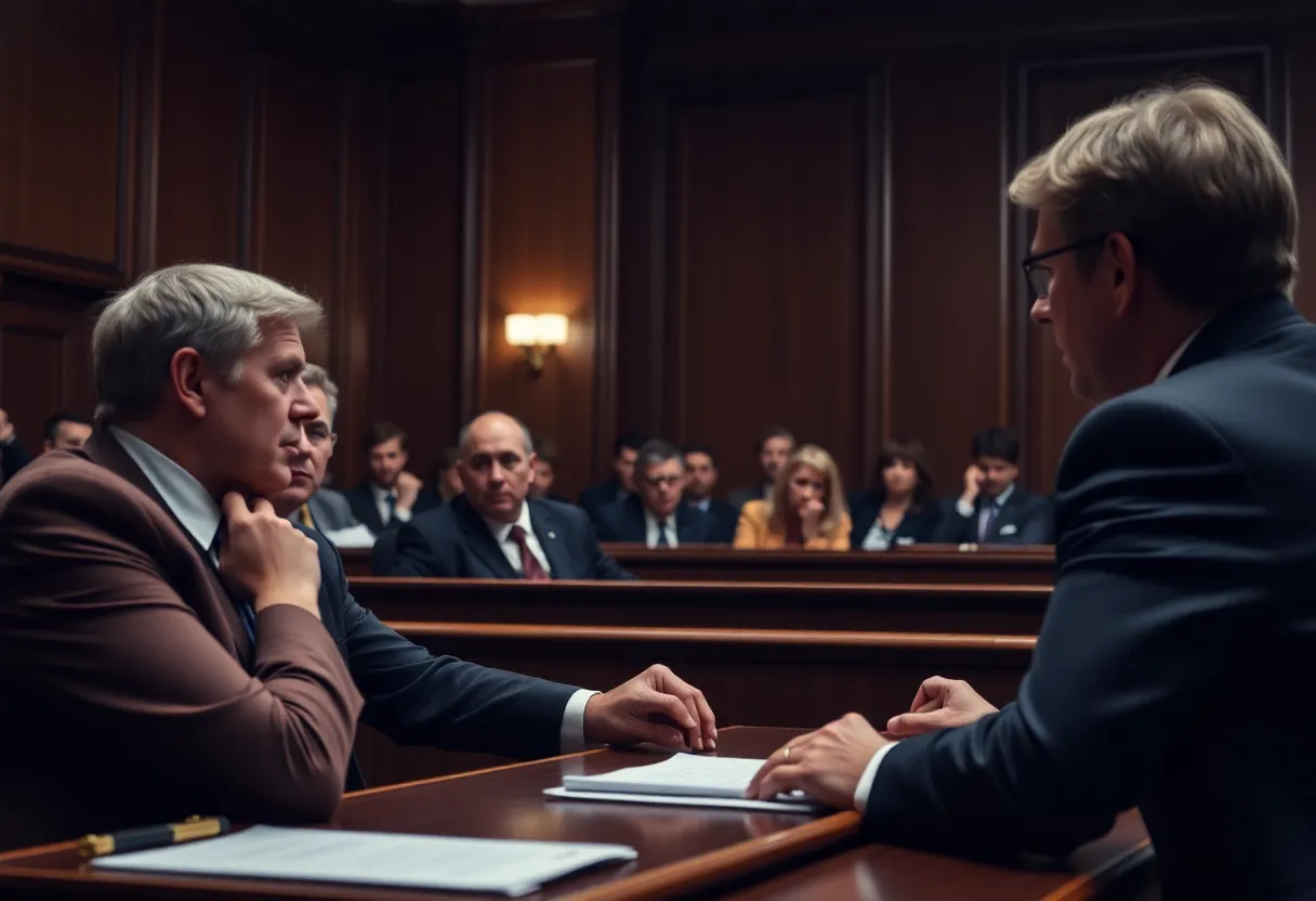 A courtroom with legal representatives and a judge, emphasizing the seriousness of the legal system.