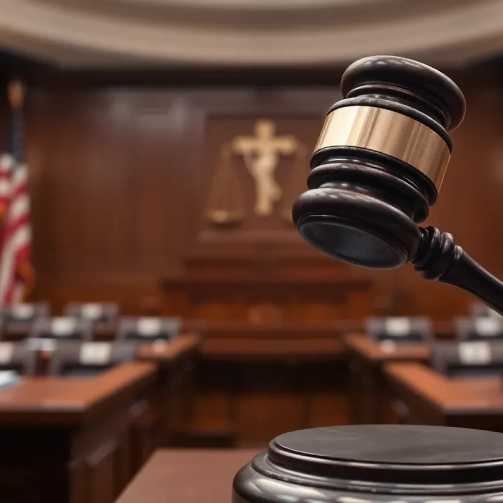 A gavel rests on a sound block in a courtroom, symbolizing legal authority and justice.