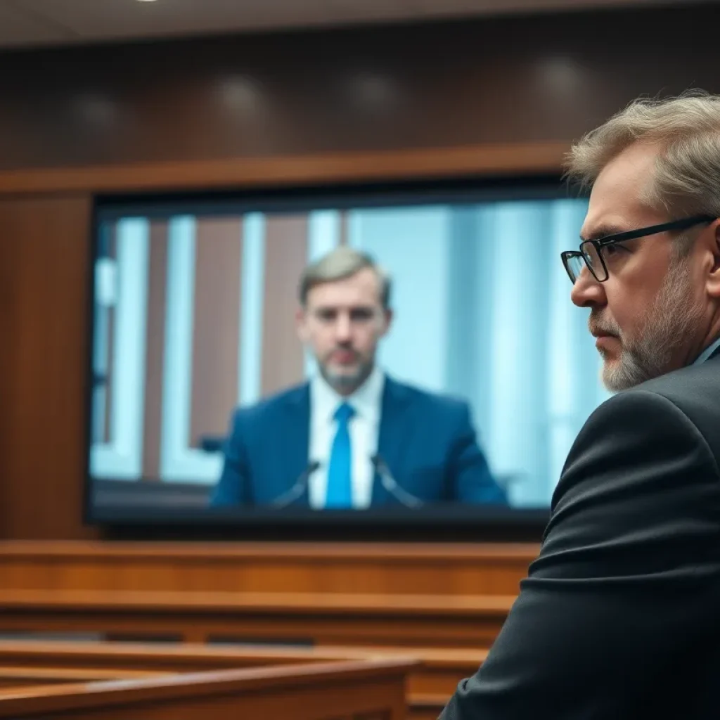 A courtroom with a stern judge and a video screen showing a defendant appearance.
