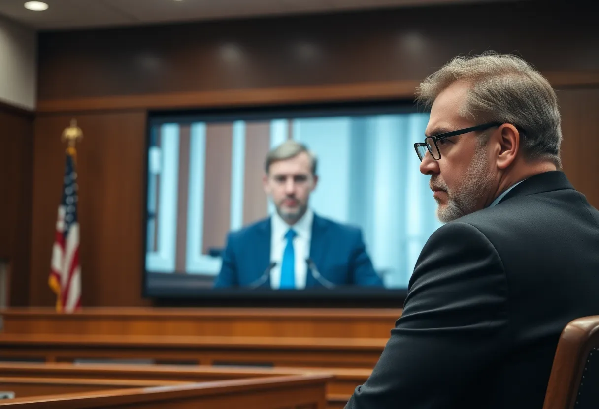 A courtroom with a stern judge and a video screen showing a defendant appearance.