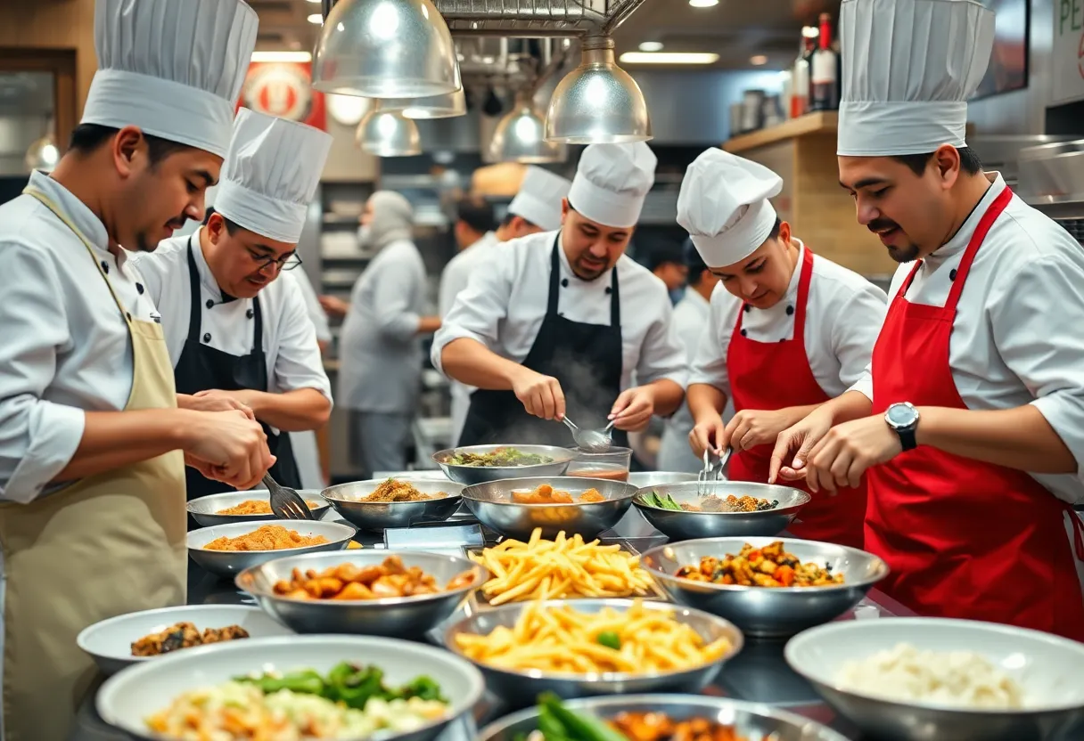 Chefs showcasing culinary creations in a lively restaurant setting