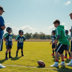 A young football team practicing under the guidance of a coach.
