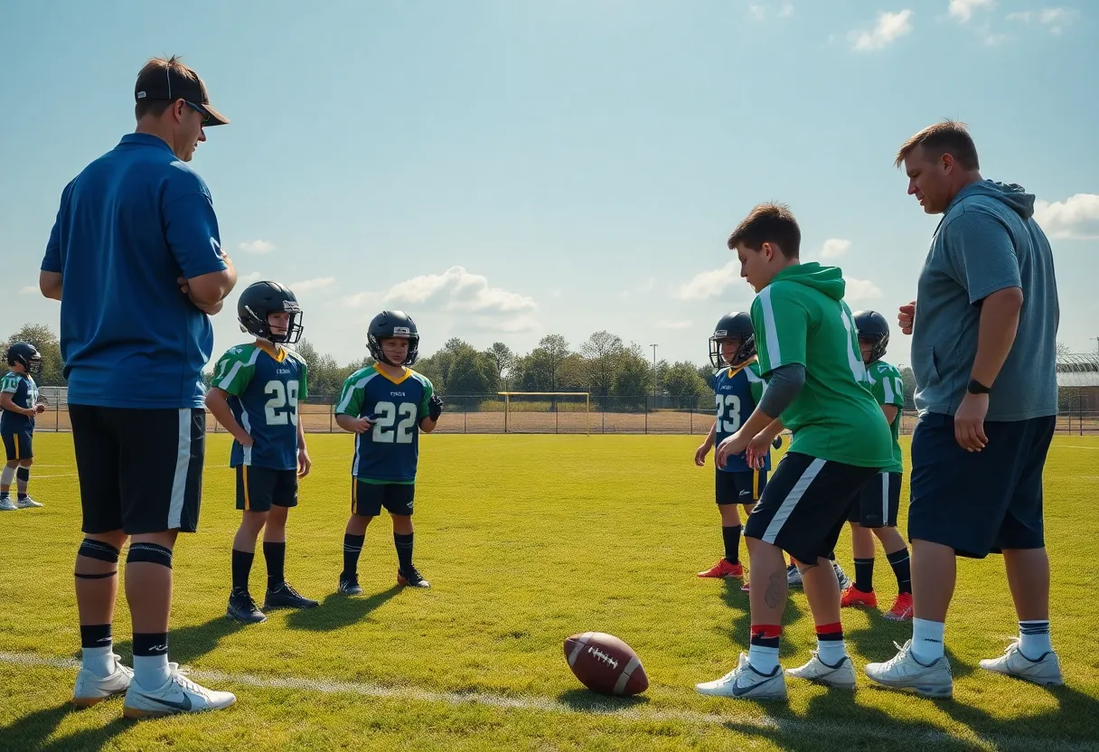 A young football team practicing under the guidance of a coach.