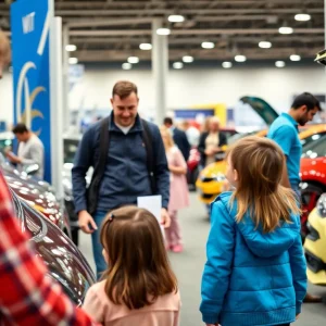 Family engaging in interactive activities at the Detroit Auto Show