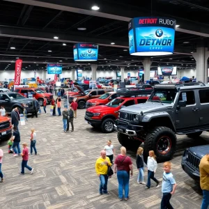 Visitors exploring the 2026 Detroit Auto Show with various vehicles on display and interactive exhibits.