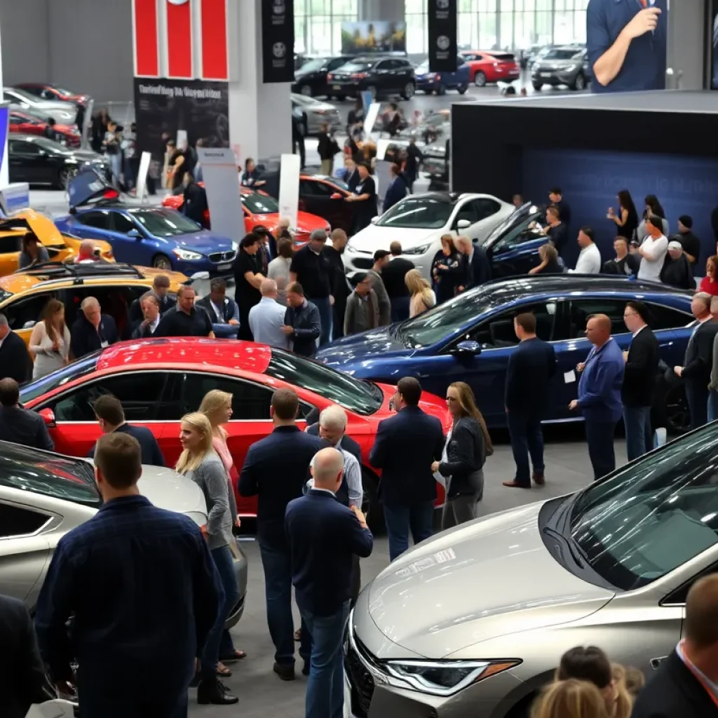 Crowd at Detroit Auto Show admiring vehicles.