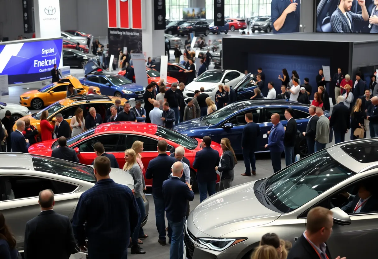 Crowd at Detroit Auto Show admiring vehicles.