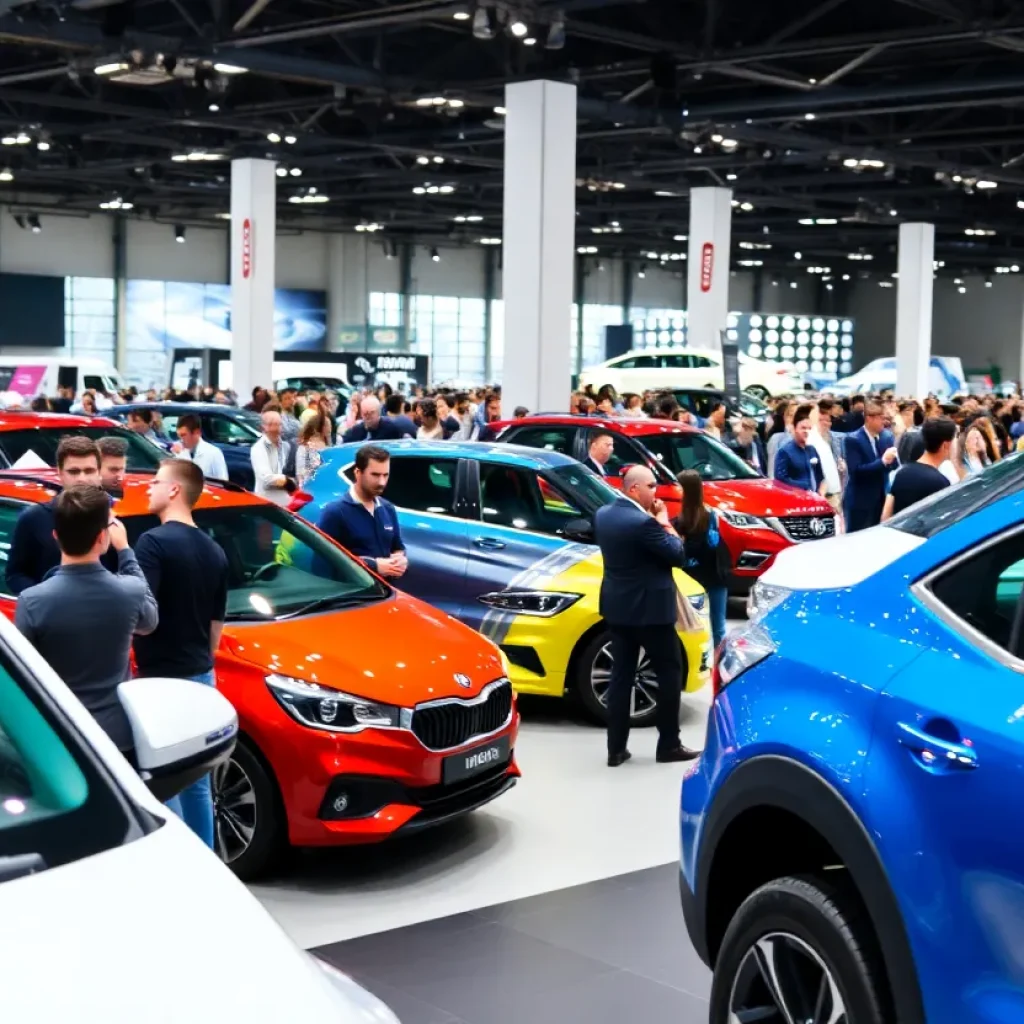 Scene from the Detroit Auto Show featuring various vehicles and spectators.