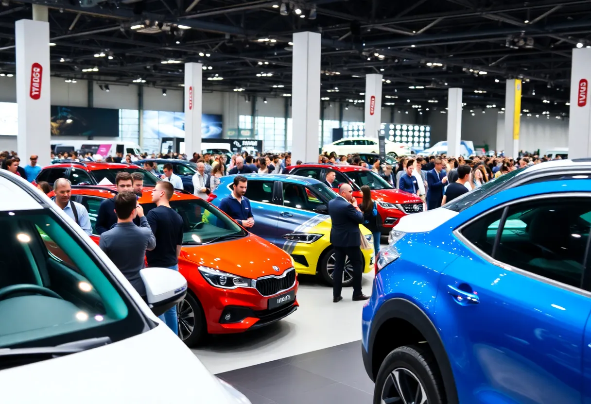 Scene from the Detroit Auto Show featuring various vehicles and spectators.