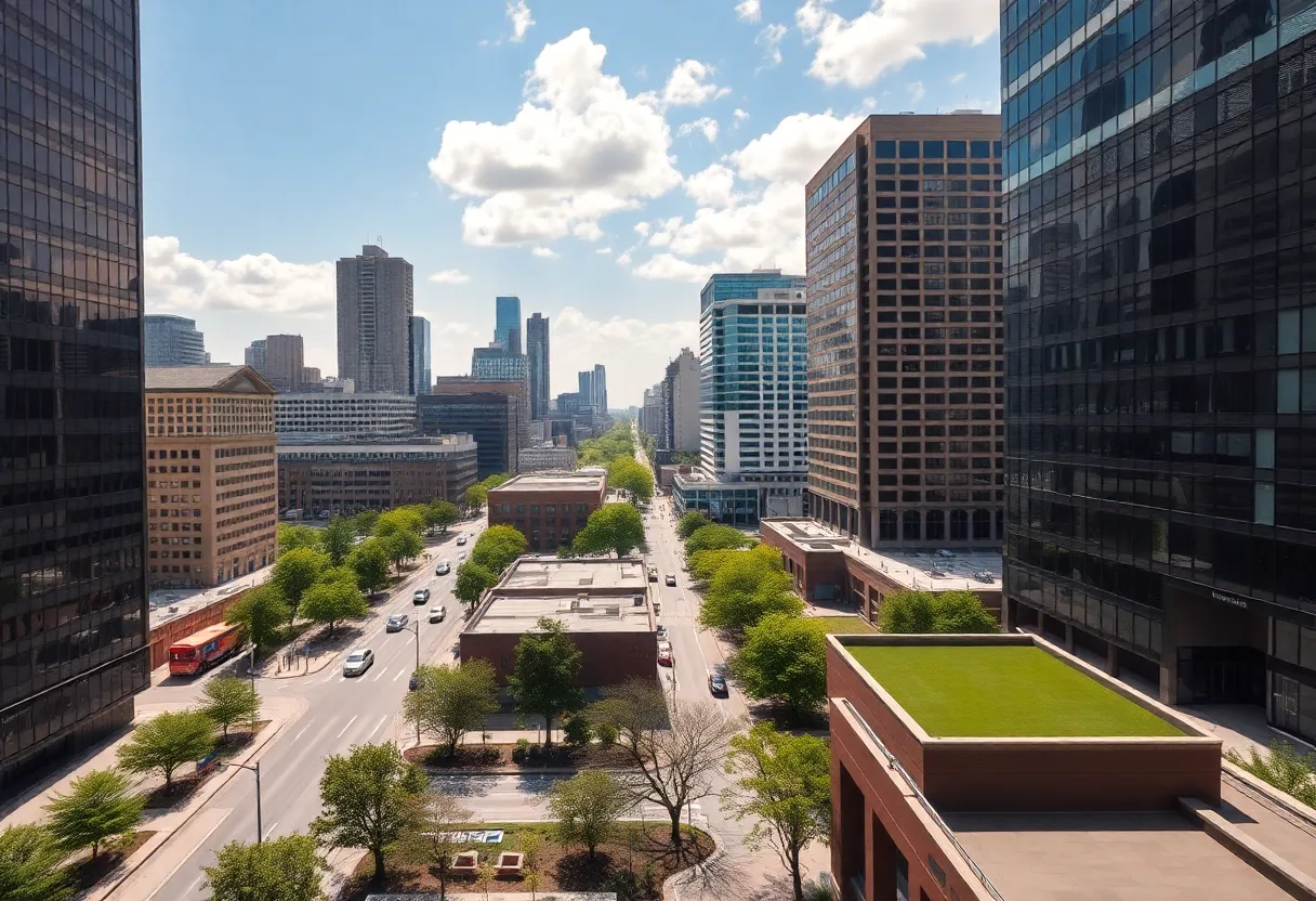 Cityscape of Detroit depicting business growth alongside community neighborhoods.