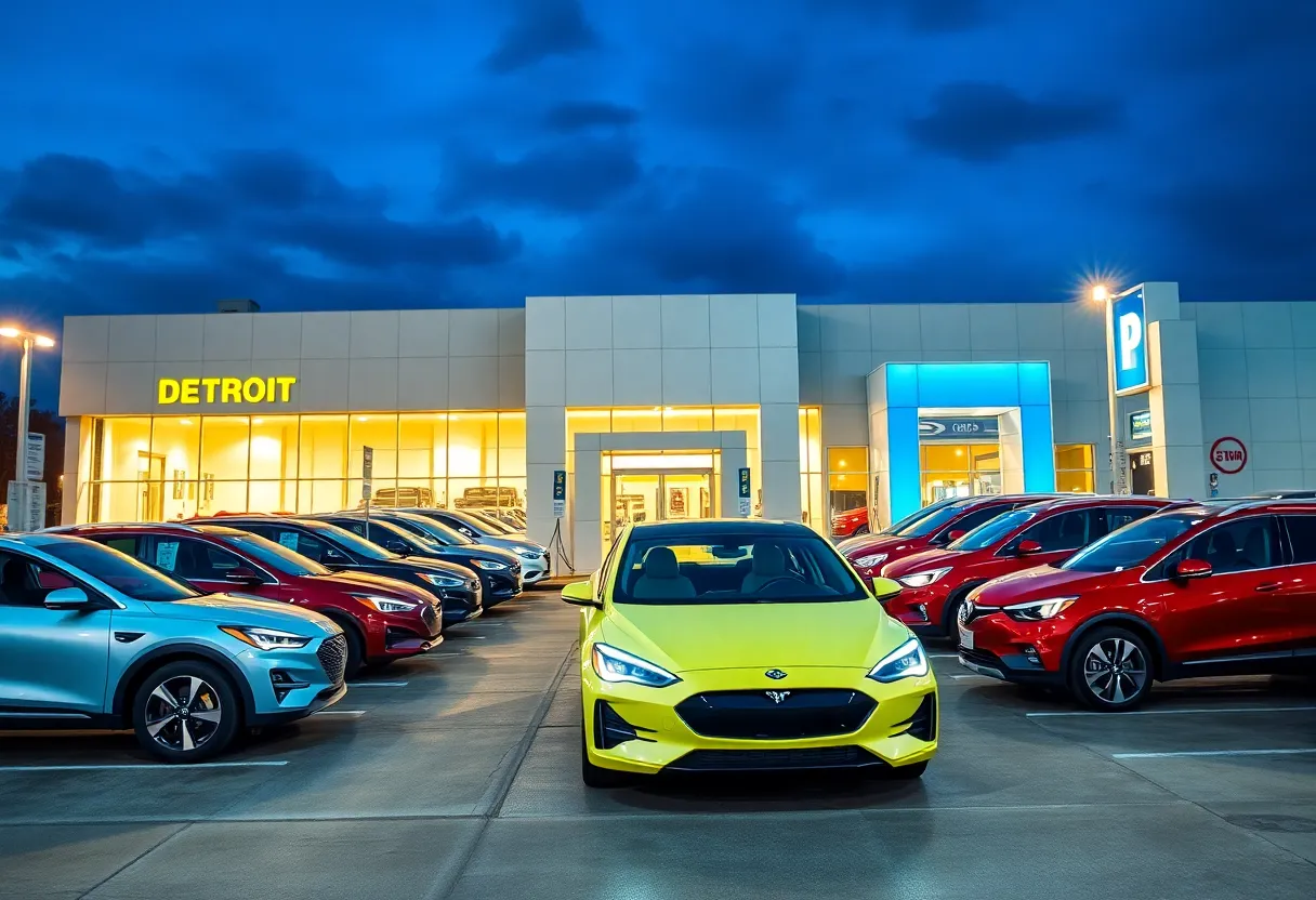 Wide view of a Detroit car dealership with electric and traditional vehicles