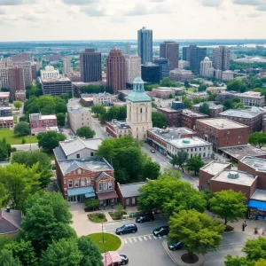 A cityscape view of Detroit with diverse buildings and green areas symbolizing community and growth.