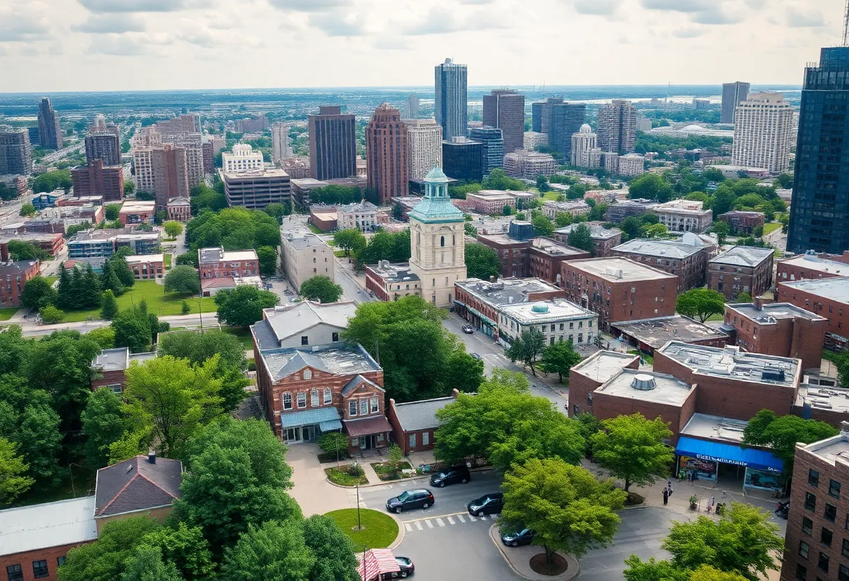 A cityscape view of Detroit with diverse buildings and green areas symbolizing community and growth.