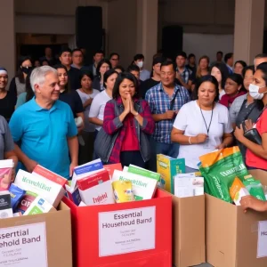 Concert attendees enjoying live music with donation boxes for the homeless