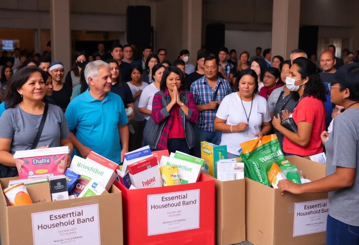Concert attendees enjoying live music with donation boxes for the homeless