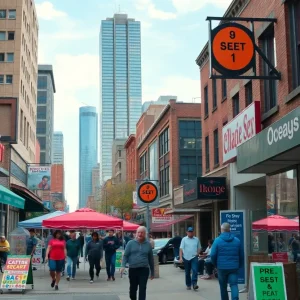 Urban scene depicting Detroit's local businesses and community interaction.