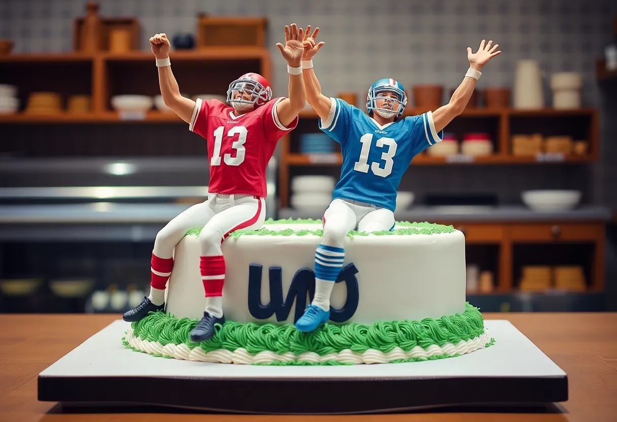 Life-size cake of Detroit Lions players Amon-Ra St. Brown and Jahmyr Gibbs