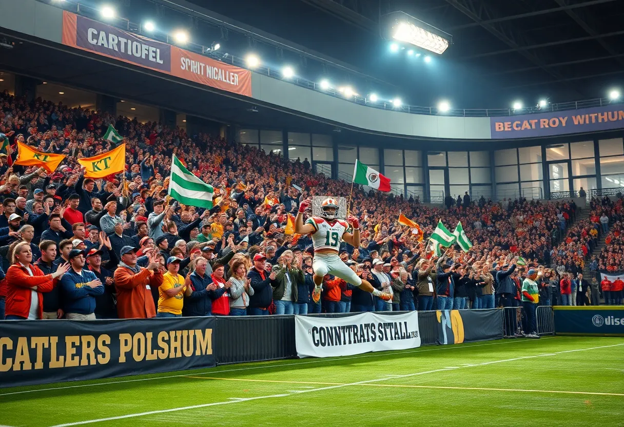 Enthusiastic fans at Ford Field cheering for the Detroit Lions