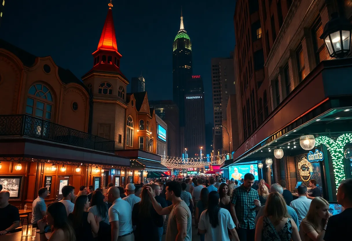 A lively bar scene in Detroit with people socializing and enjoying the nightlife.