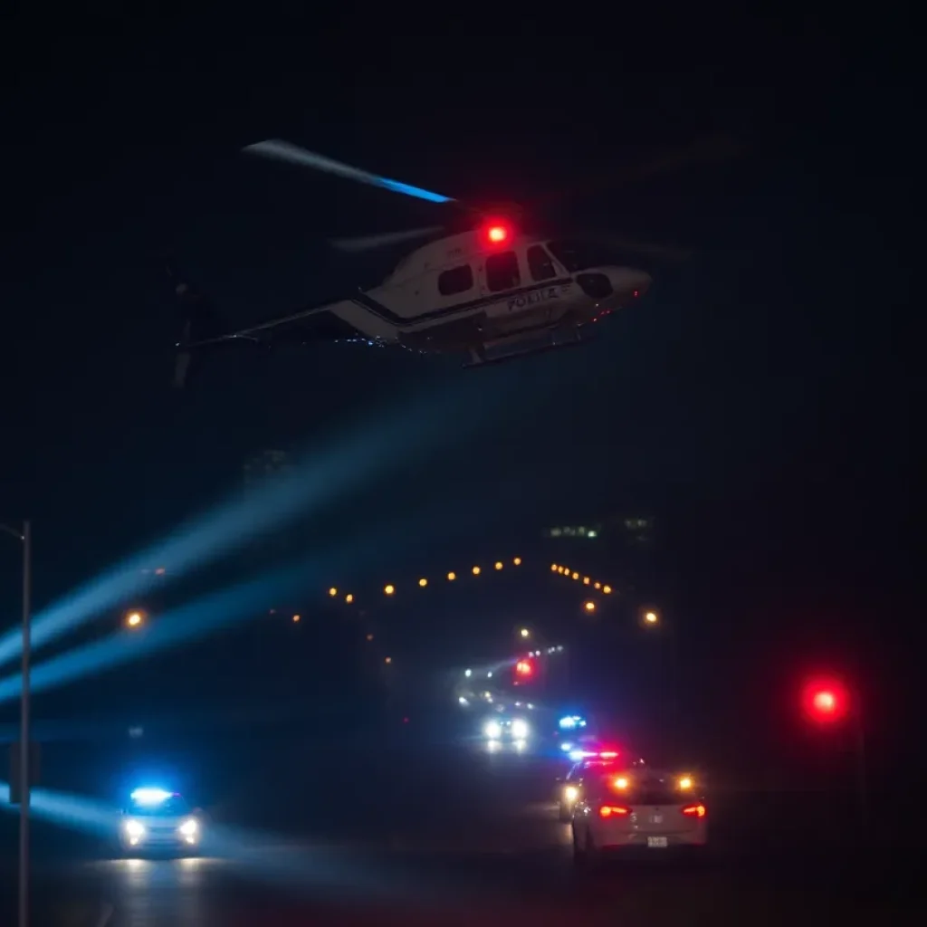 Police helicopter illuminating a dark street during a pursuit in Detroit