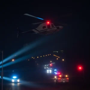 Police helicopter illuminating a dark street during a pursuit in Detroit