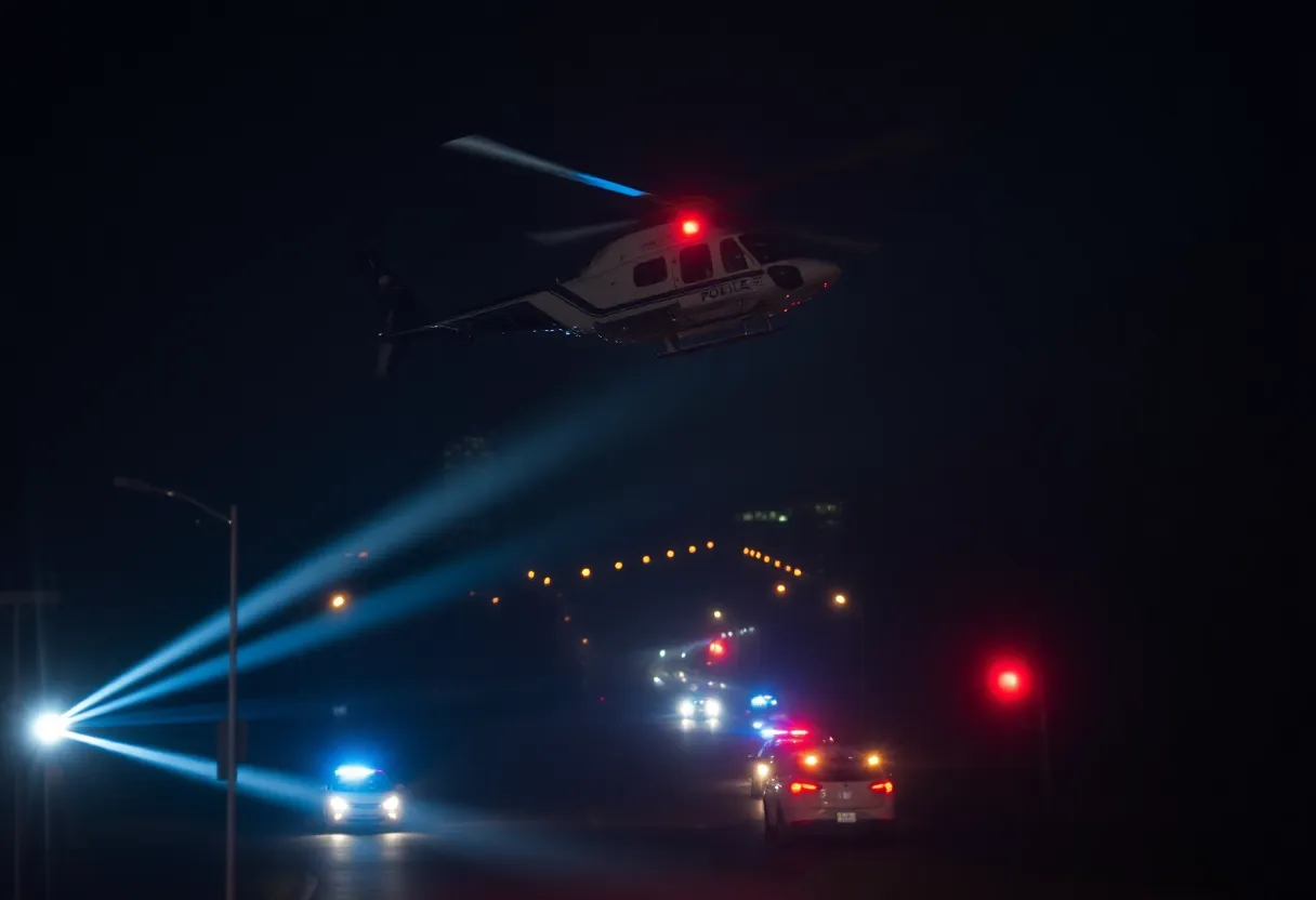 Police helicopter illuminating a dark street during a pursuit in Detroit