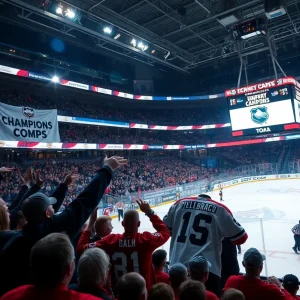 Fans cheering at Little Caesars Arena after the Red Wings victory and jersey retirement ceremony.