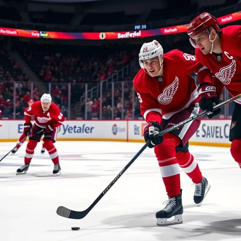 Detroit Red Wings players in action during a game.