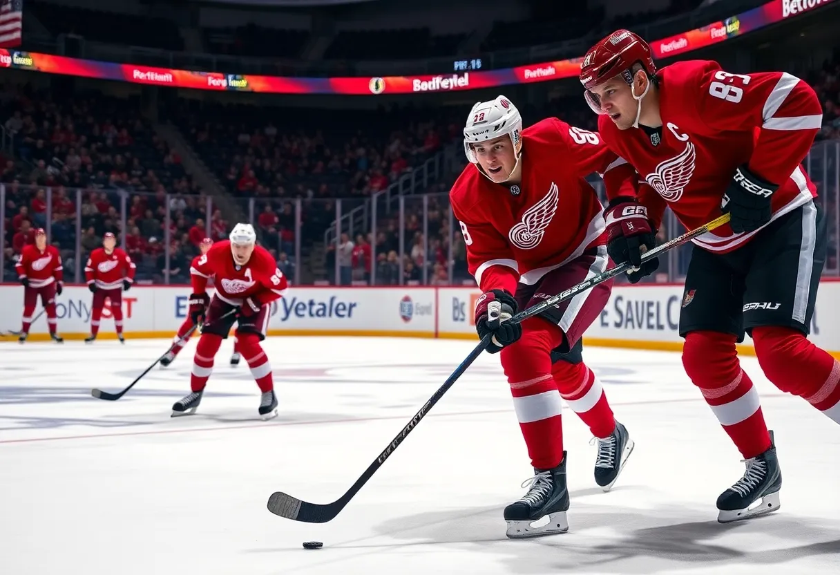 Detroit Red Wings players in action during a game.