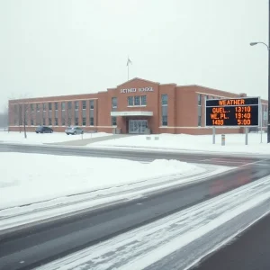 Closed school in Detroit covered in snow during winter weather conditions