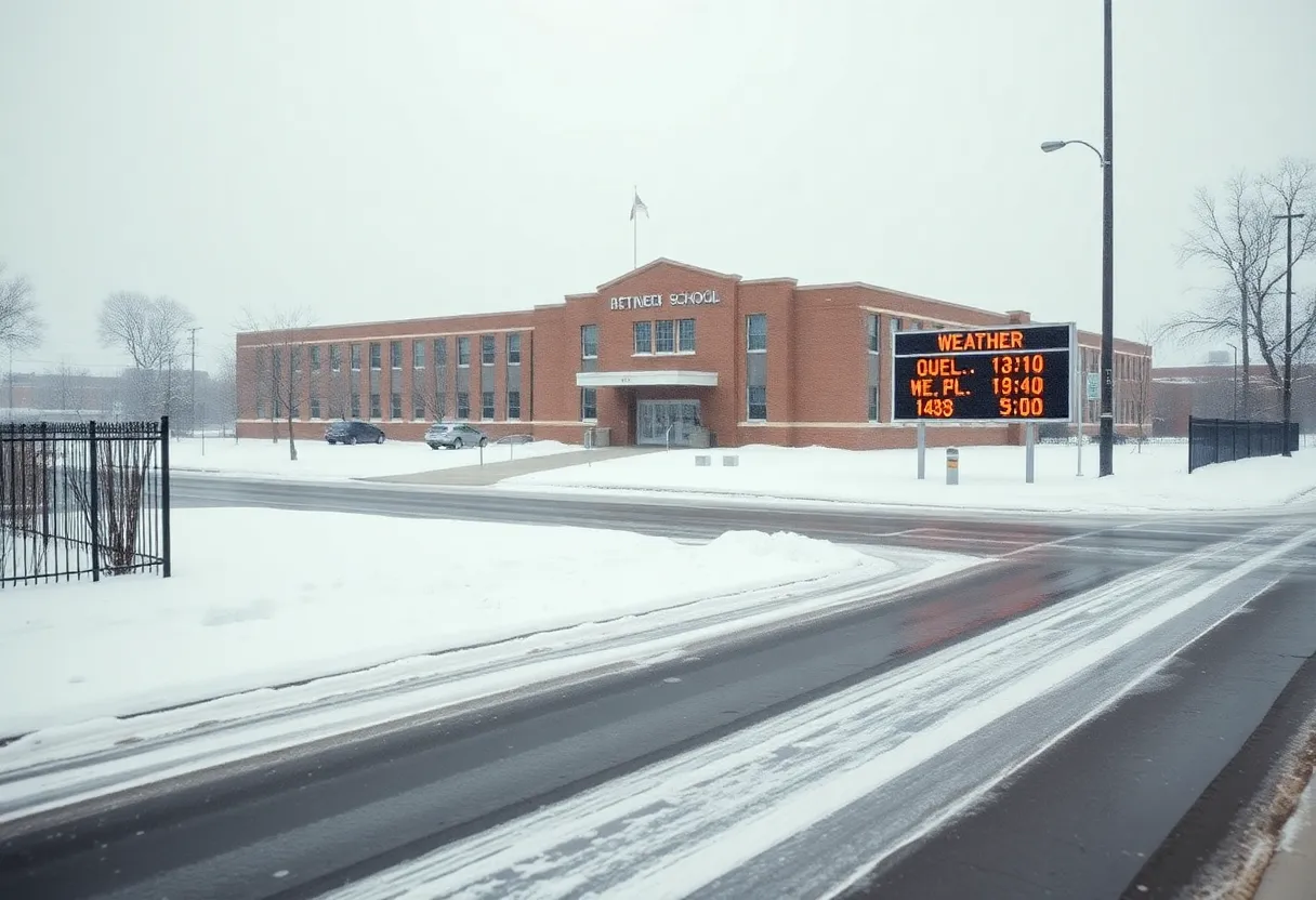 Closed school in Detroit covered in snow during winter weather conditions