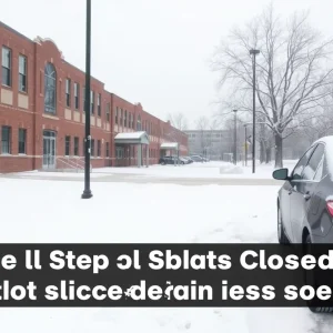 Closed school building in Detroit with snow and winter conditions