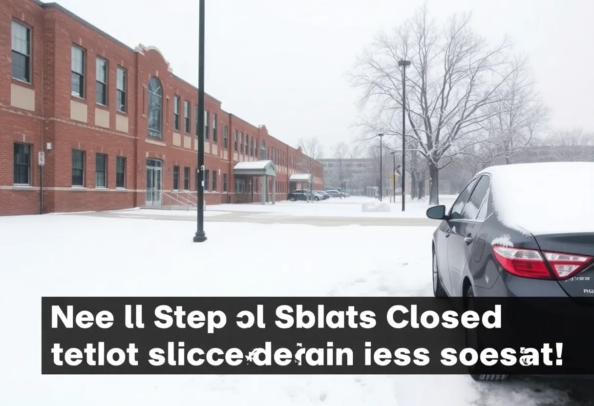 Closed school building in Detroit with snow and winter conditions