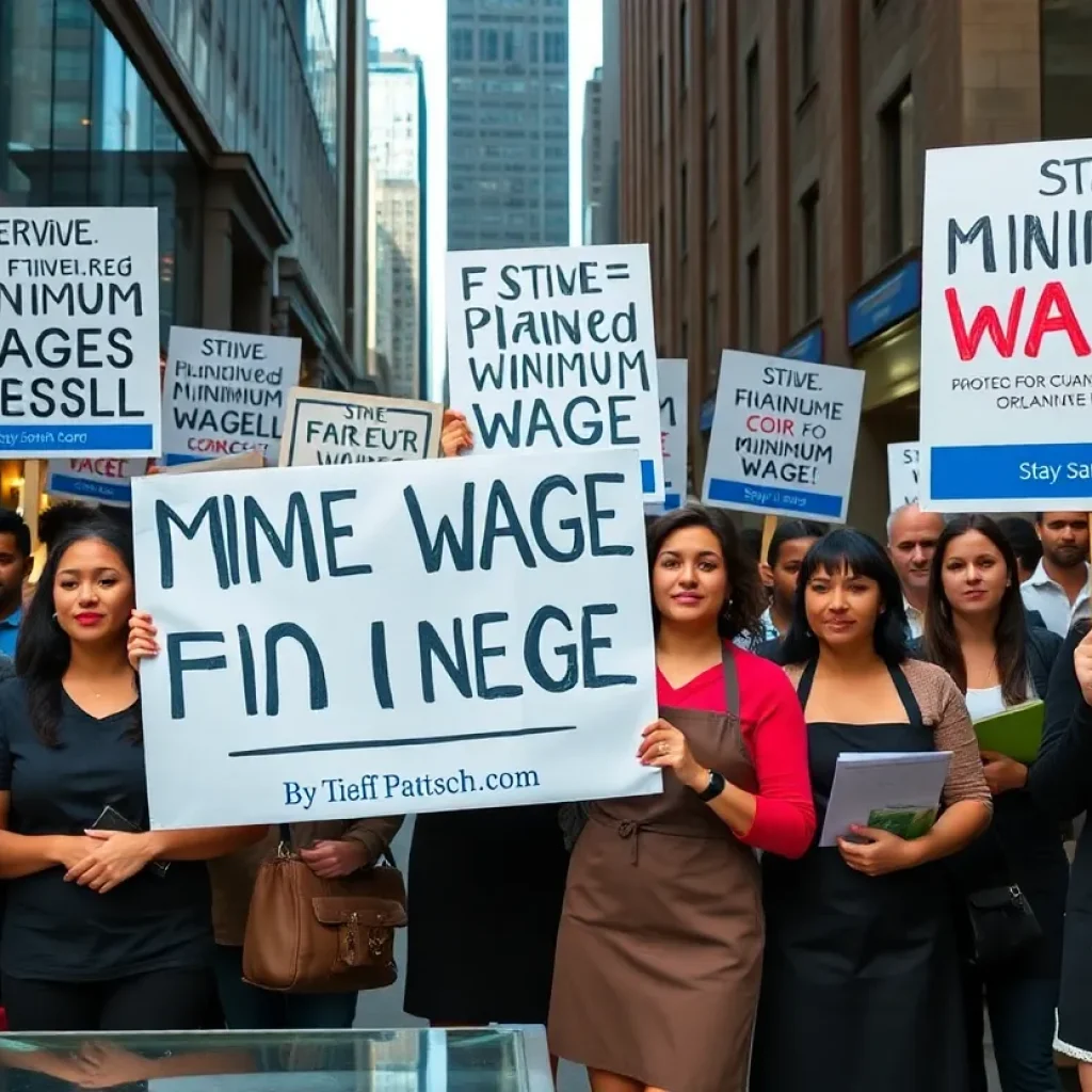 Diverse servers demonstrating for minimum wage support in Detroit