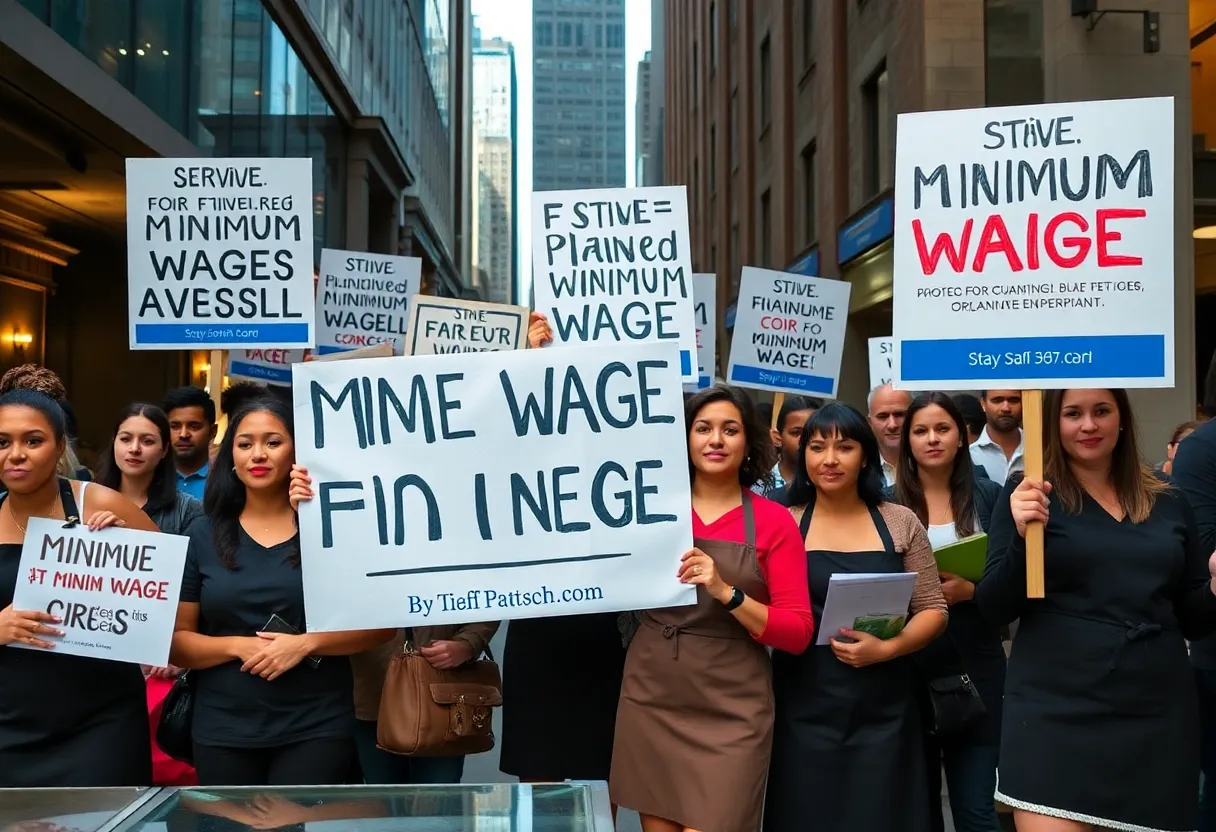 Diverse servers demonstrating for minimum wage support in Detroit