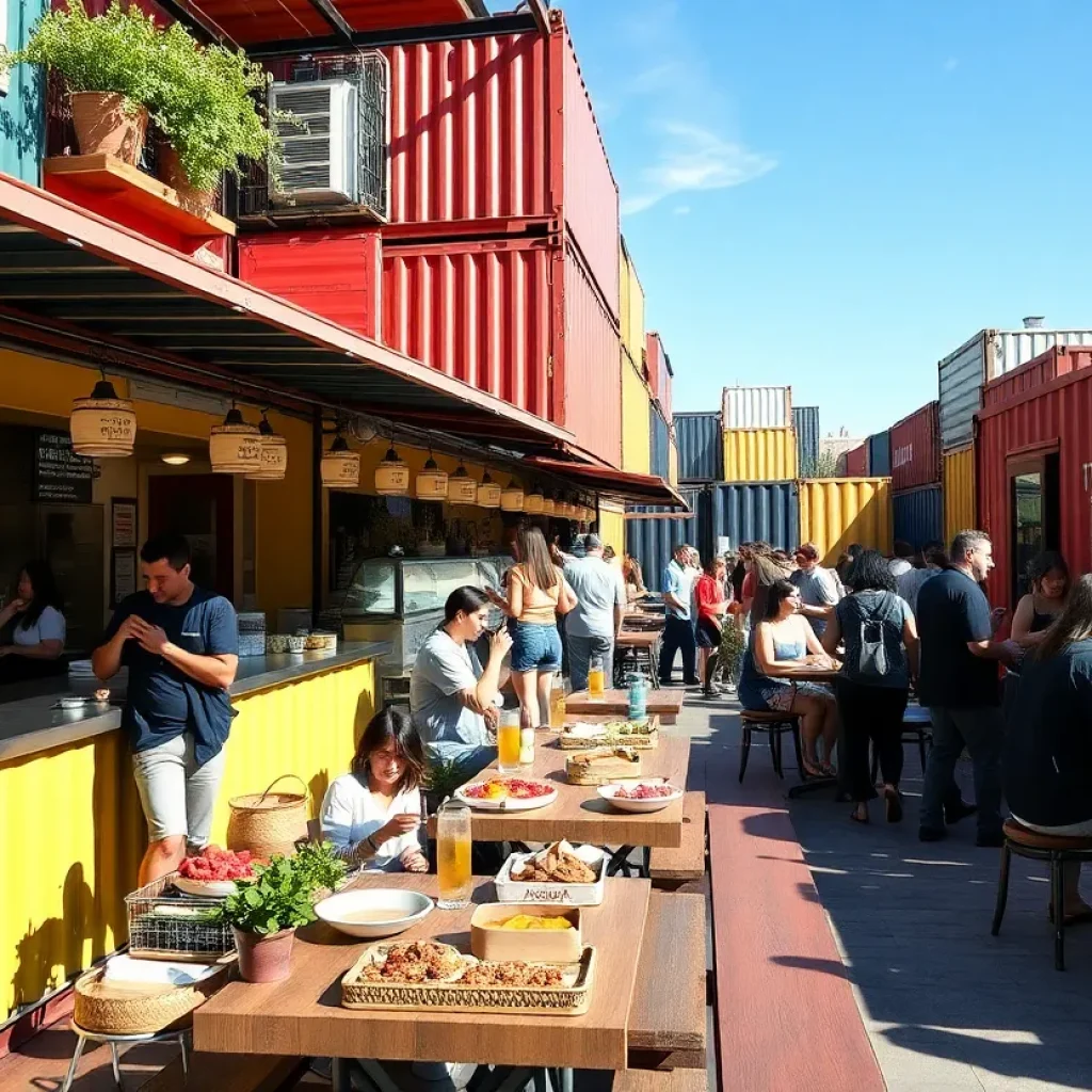 Outdoor dining at Detroit Shipping Company with food stalls
