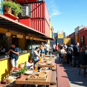 Outdoor dining at Detroit Shipping Company with food stalls