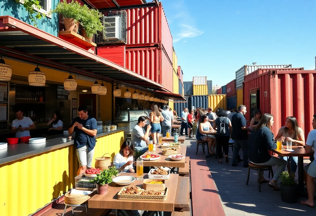Outdoor dining at Detroit Shipping Company with food stalls