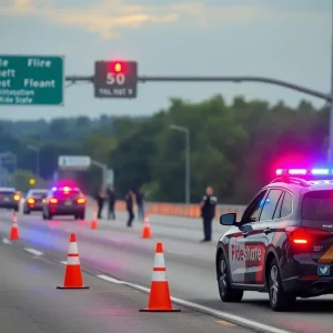 Police officers investigating a shooting scene on Lodge Freeway.