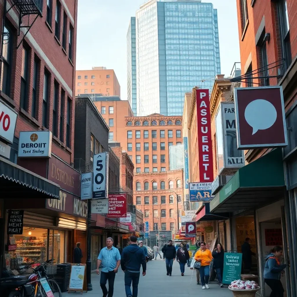 A vibrant small business district in Detroit with various shop fronts and customers.