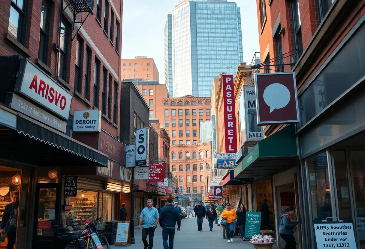A vibrant small business district in Detroit with various shop fronts and customers.