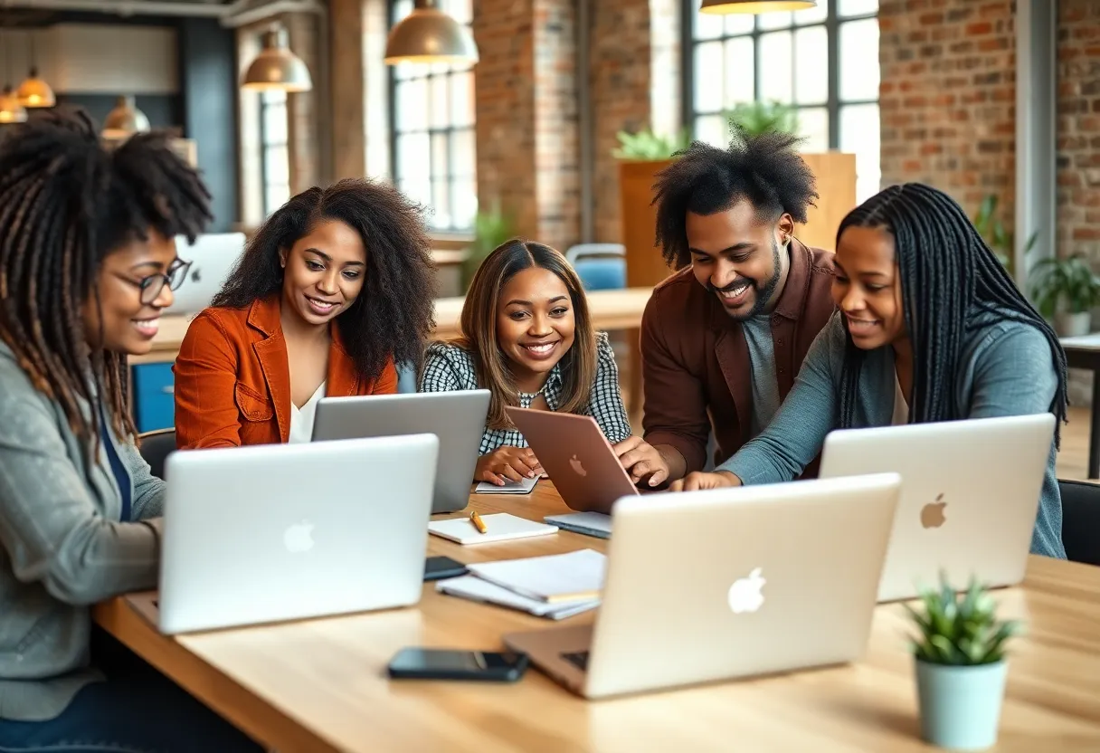 Small business owners engaging with technology in Detroit
