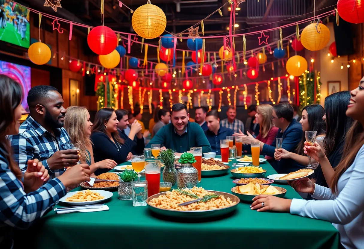 A lively Super Bowl party scene in Detroit with guests enjoying food and drinks.