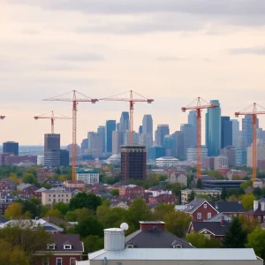 Skyline of Detroit with construction cranes representing urban revitalization